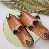 Tan Embroidered Pure Leather Punjabi Jutti