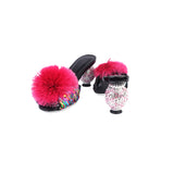 Pom Poms Shiny Heel Slippers