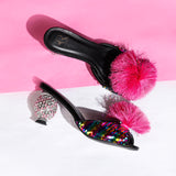 Pom Poms Shiny Heel Slippers